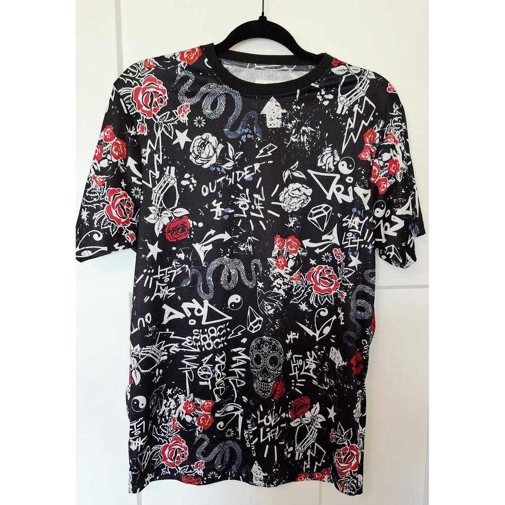 Fresh Prints of Bel-Air Mens M Skull Rose Snake Tattoo Goth Punk Graphic T-Shirt